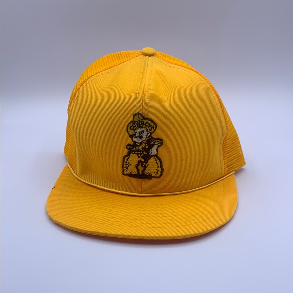 Yellow Vintage Trucker Baseball Cap Wyoming Cowboy Embroidered Patch Go Pokes!